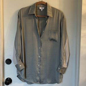 Koch grey silver beige stripe long sleeve button down satin Bret Top XS